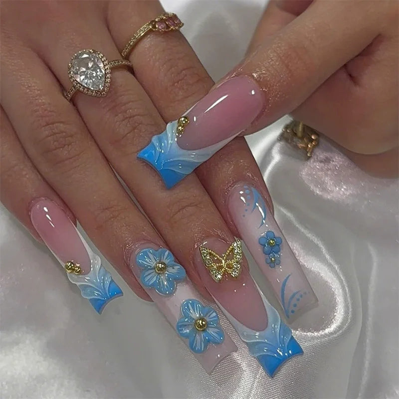 24Pcs Long Ballet False Nails Pink Butterfly with Rhinestones French Design Wearable Fake Nails Glitter Press on Nails Tips Art