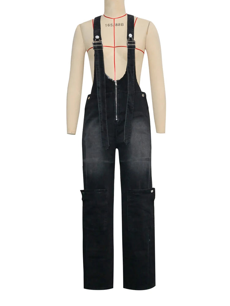 Loose High Waisted Zipper Denim Cargo Jumpsuits