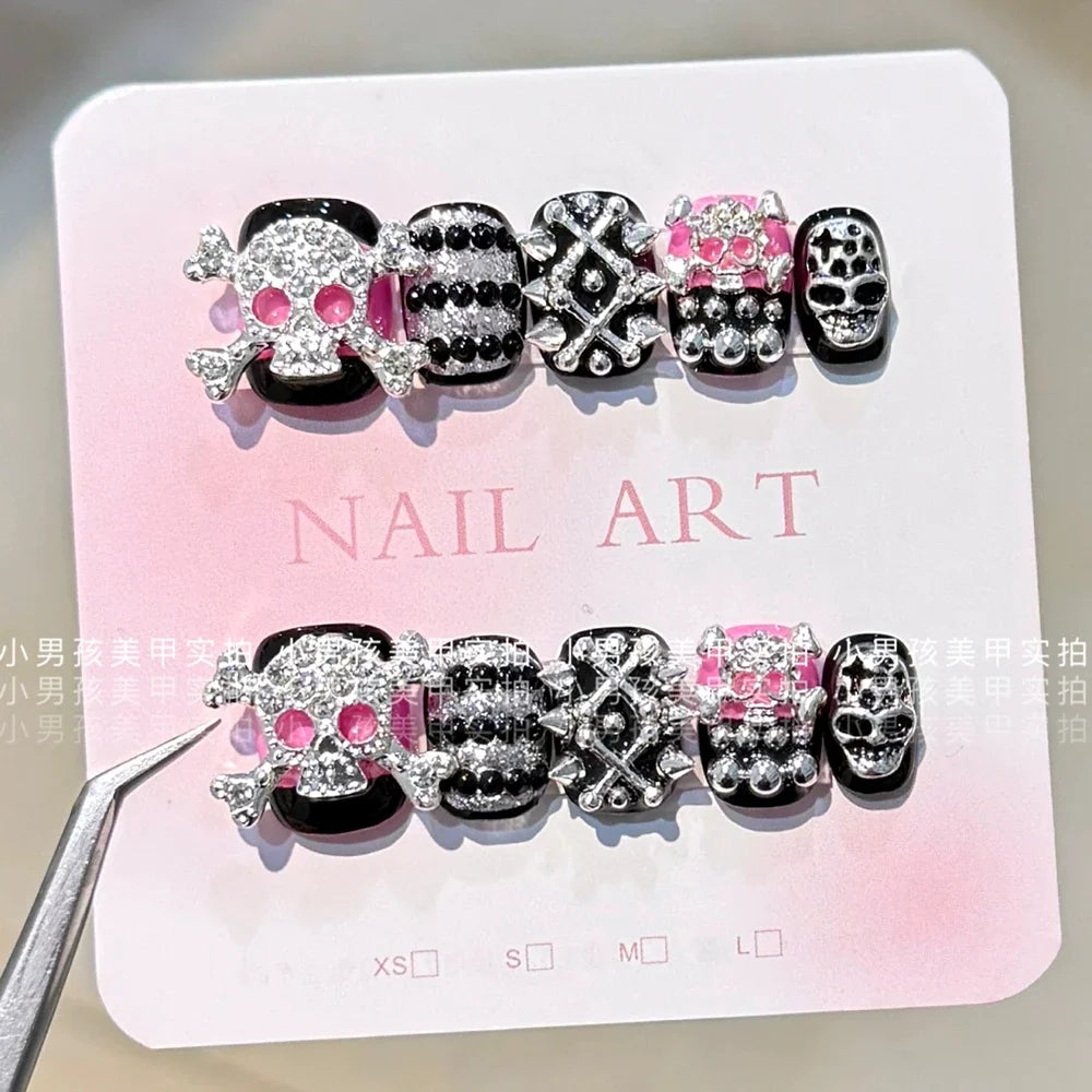 10Pcs Luxury Court Handmade Long Stiletto Full Cover Nails 3D Spice Girl Sparkling Diamond Bow Pearl Flowers Wearable Fake Nails