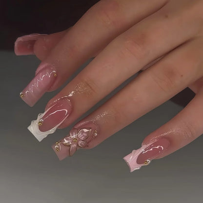 24pcs Mid-length Press on Nails Pink French Full Cover Flower Design Fake Nail Reusable Pearl False Nail with Jelly Glue Nails