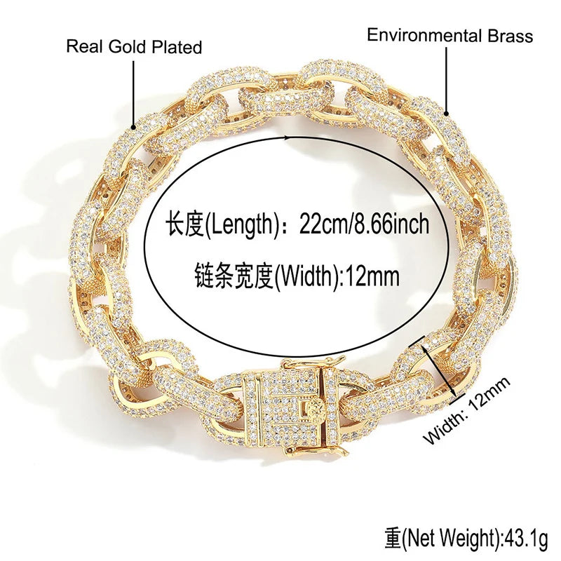 7"-24" Hip Hop 5A+ CZ Stone Paved Bling Iced Out O Shape Link Chain Necklaces (Gold Silver Color Gift)