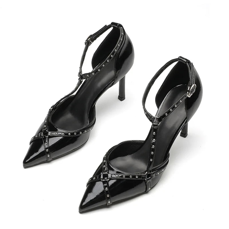 Estelle Hollow Rivets Buckle Strap Stiletto Heels