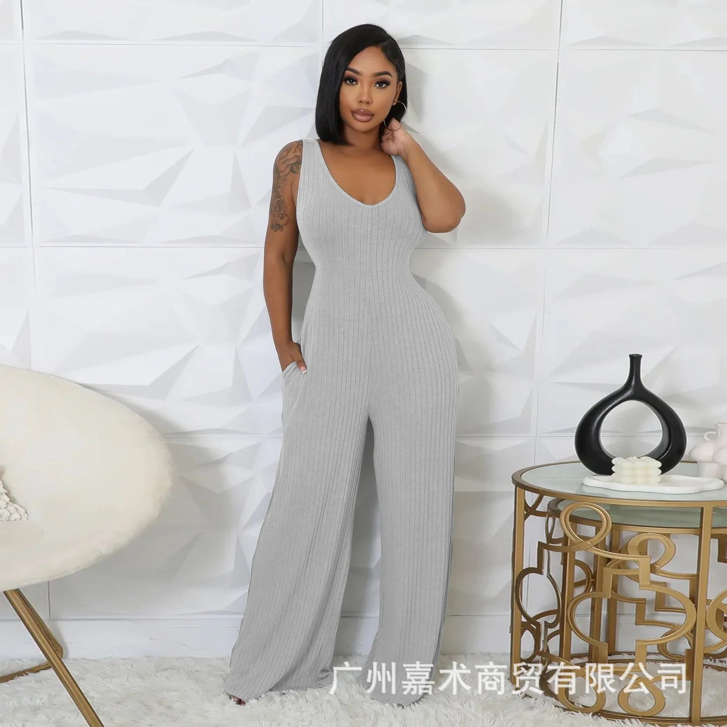 Trendy Solid Color Elastic Wide Leg Jumpsuits (2pcs.)