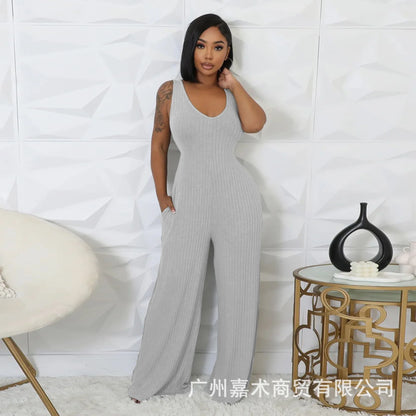 Trendy Solid Color Elastic Wide Leg Jumpsuits (2pcs.)