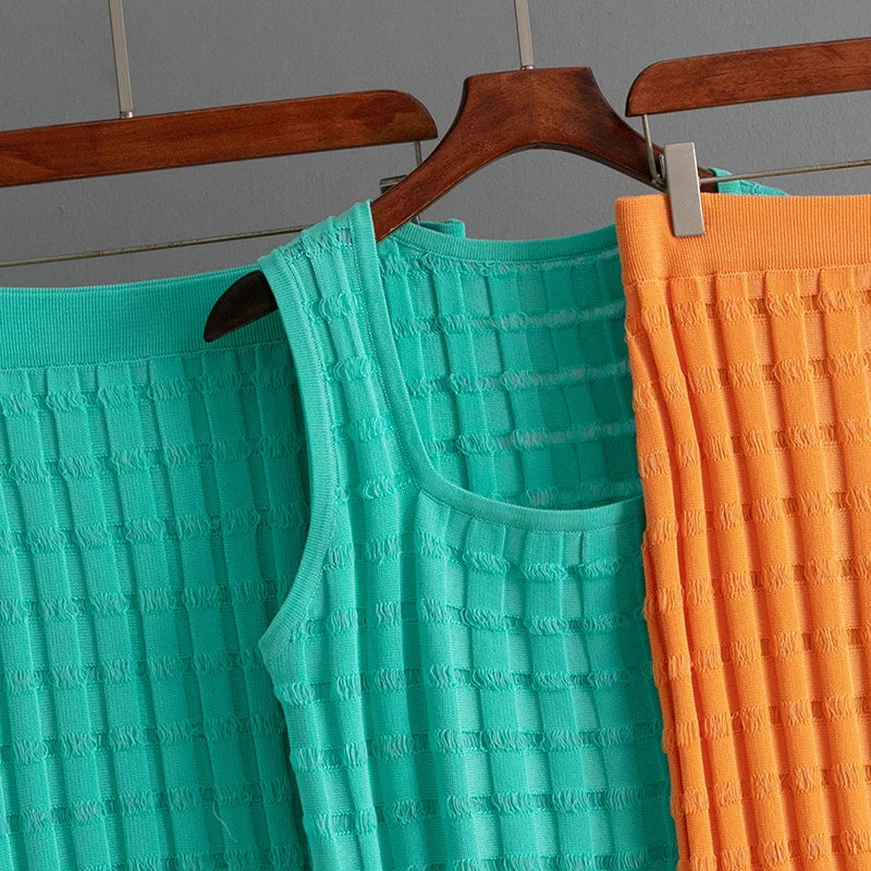 Knit Long Skirts + Straight Casual Spliced Round Neck Vest Sleeveless Tanks Sets