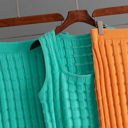 Knit Long Skirts + Straight Casual Spliced Round Neck Vest Sleeveless Tanks Sets
