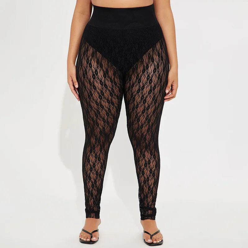 Joskaa Women's Jacquard  Lace Leggings Patchwork Sexy See Through High Waist Pencil Pants Female Bottoms Midnight Party Clubwear