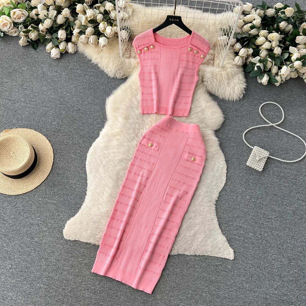 Knitted 2 Pcs. Buttons Crop Top Tanks + Slit Midi Skirt Set