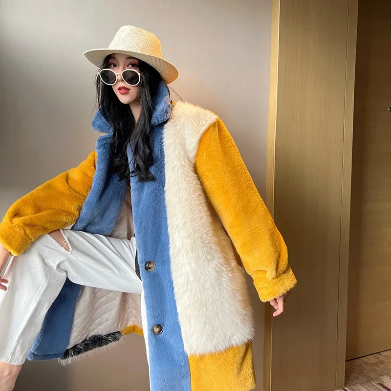 Winter Faux Fur Jackets for Women Furry Warm Splicing Contrast Color Blue Faux Fur Coat Long Jacket Cardigan Women