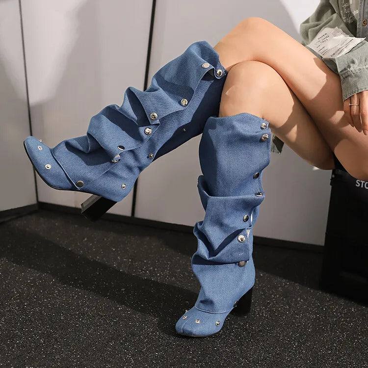 Enashua Denim Square Toe Detachable Rivets 7cm Thick Heel and Knee Length Boots