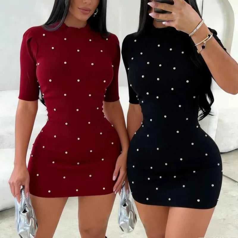 Sundress Short Sleeve Rhinestone Embellished Stretchy Ribbed Knit Bodycon Mini Dresses