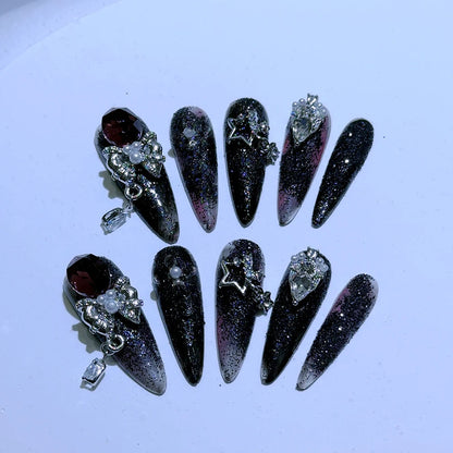 3D Handmade Long Coffin Stiletto Fake Nail Flowers Cat's Heart Diamond Metal Bow