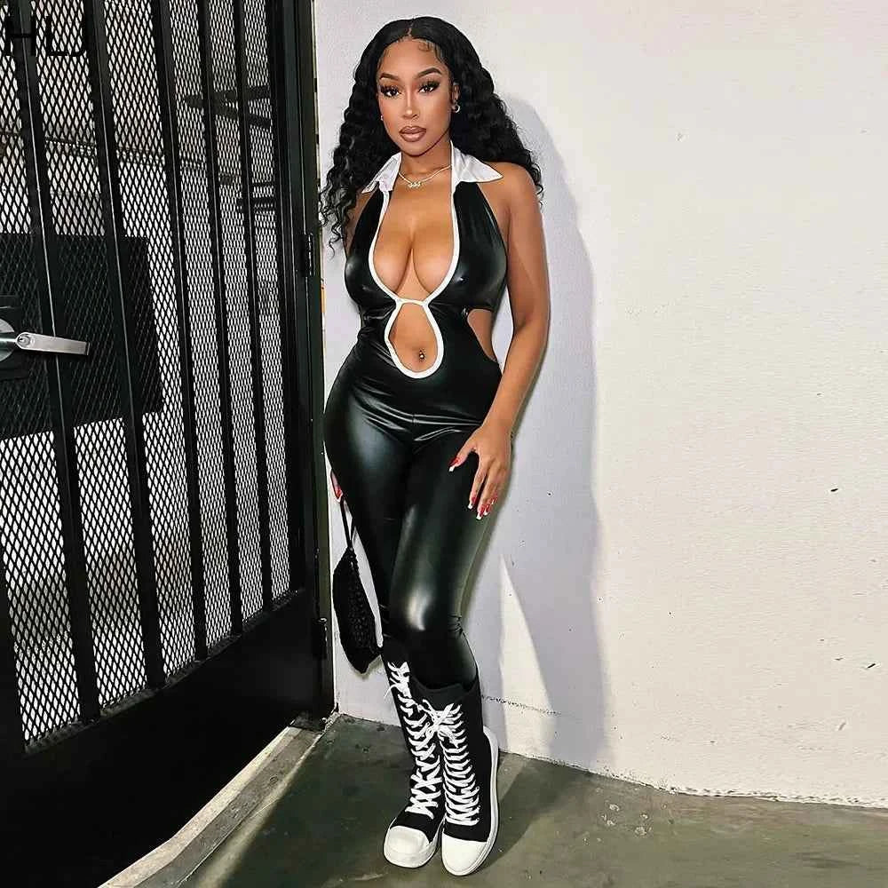 Black Halter Elasticity Slim Playsuits Fashion Bandage Overalls