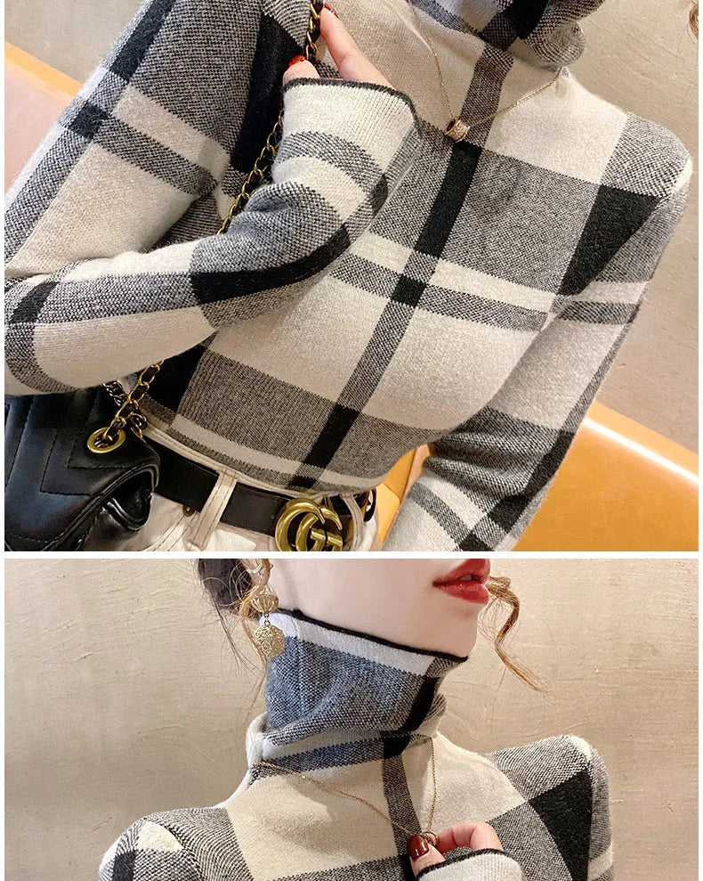 Kyli's Basic Soft Elastic Slim Turtleneck Wool Knitted Sweaters (Vintage Plaid)