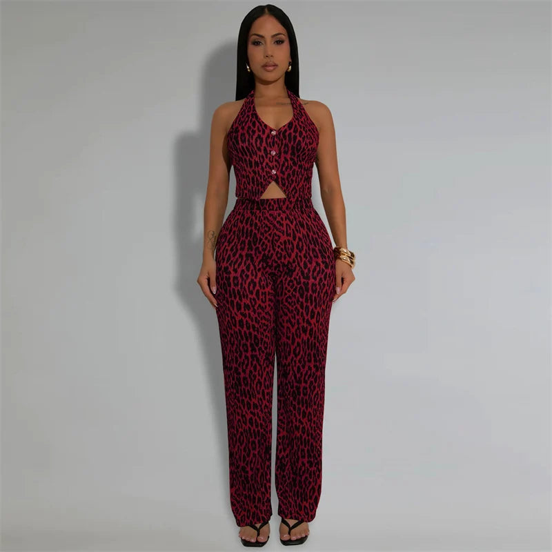 Leopard Backless Button Crop Top and Pants Matching Sets