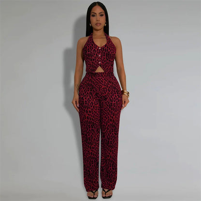 Leopard Backless Button Crop Top and Pants Matching Sets
