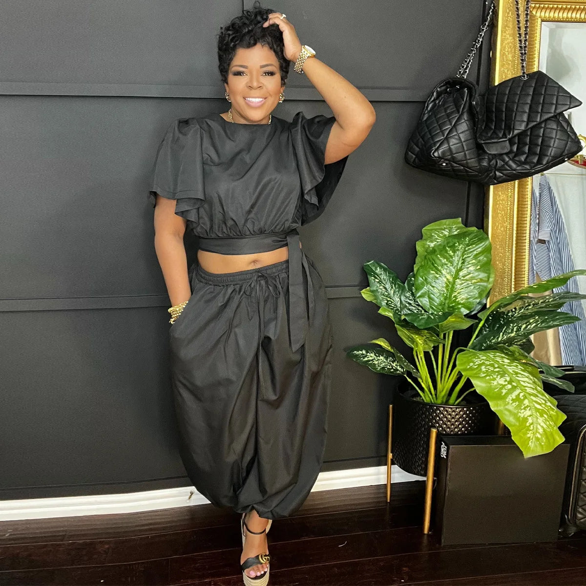 O-neck Belt Short Flare Sleeve Crop Top + Pants Suits (2 pcs.)