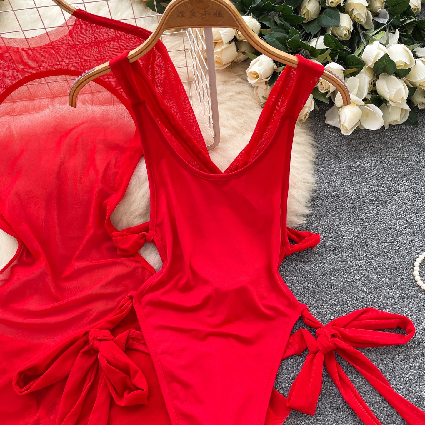 Split Swimwear Long Sleeves Hollow Out Mini Dress + Lace Up Bodysuits Sheer Vacation Bikini Sets