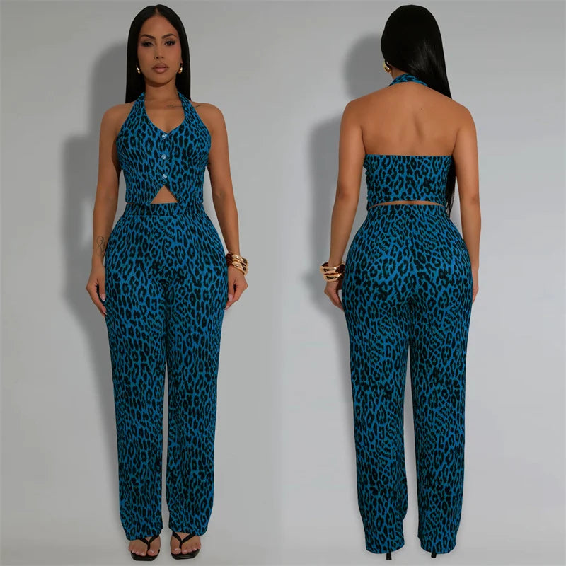 Leopard Backless Button Crop Top and Pants Matching Sets