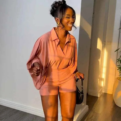 Solid Batwing Sleeve Loose Shirt Top + Shorts Casual Matching Sets