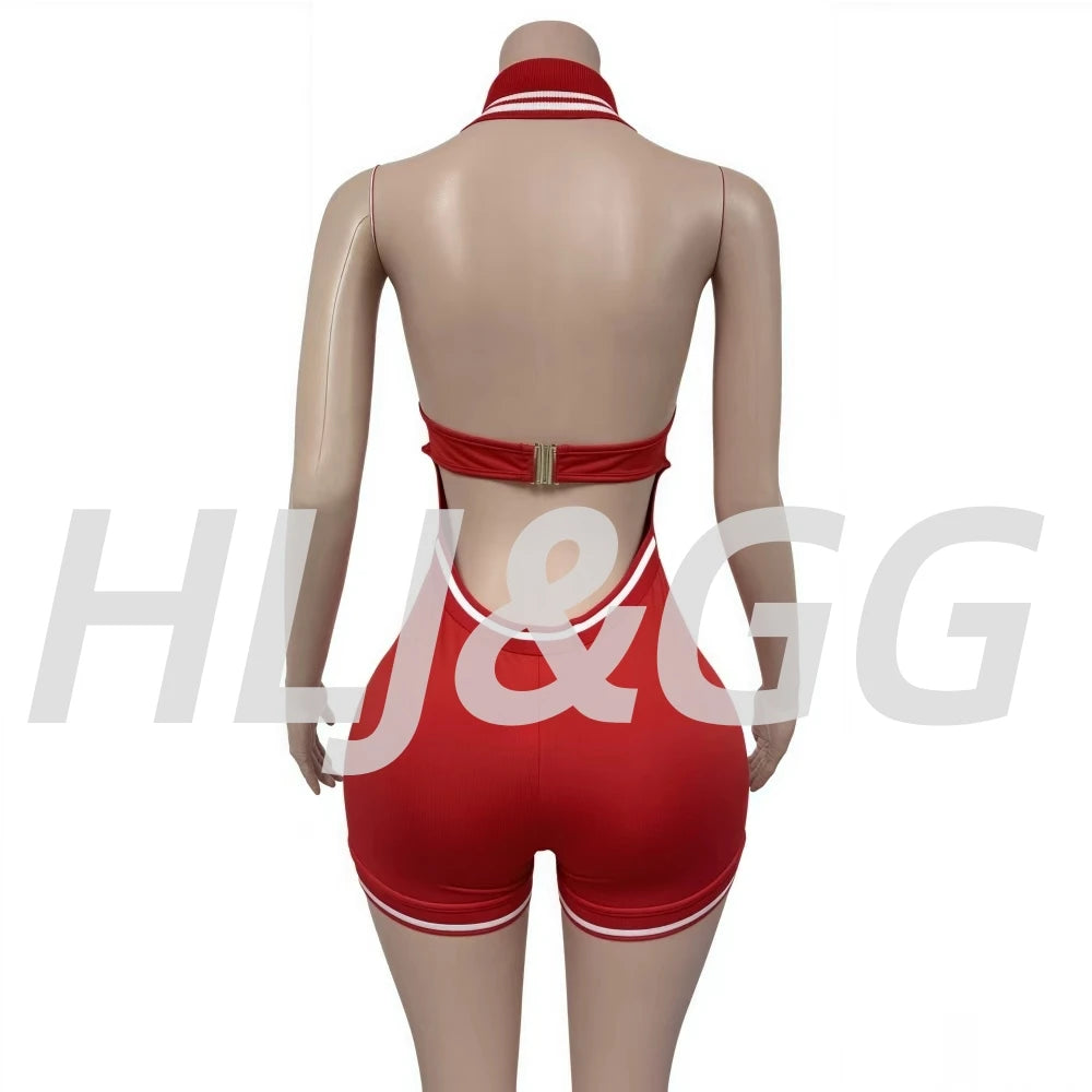 Stripe Halter Lapel Sleeveless Backless Bodycon Jumpsuits