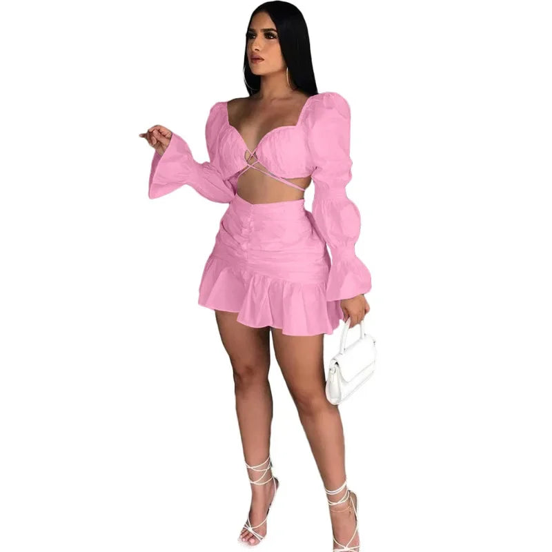 Angel V Neck Crop Top Ruffle Skirt +Top Set