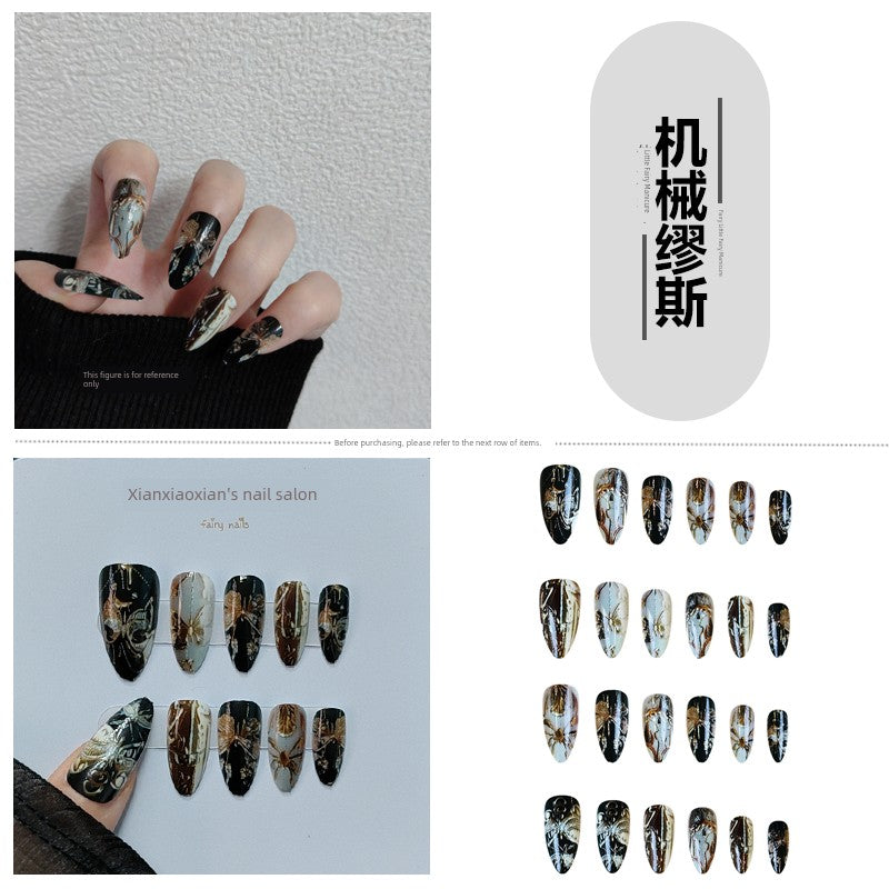Classical Flower Oil Painting Wearing Armor Gilding Rose Nail Stickers Retro European American Style Artistic Finished Product Fake Nail Tip