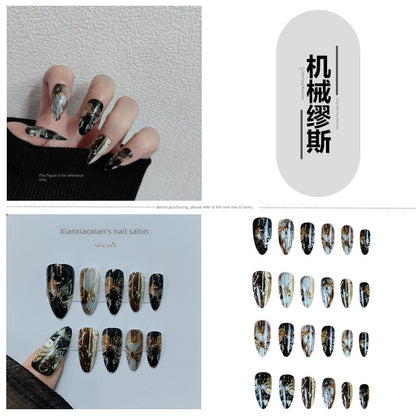 Classical Flower Oil Painting Wearing Armor Gilding Rose Nail Stickers Retro European American Style Artistic Finished Product Fake Nail Tip