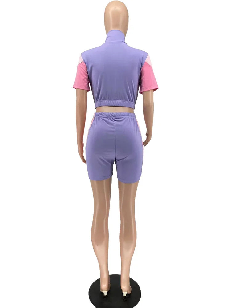Short Sleeve Crop Top + Patchwork Shorts Sets