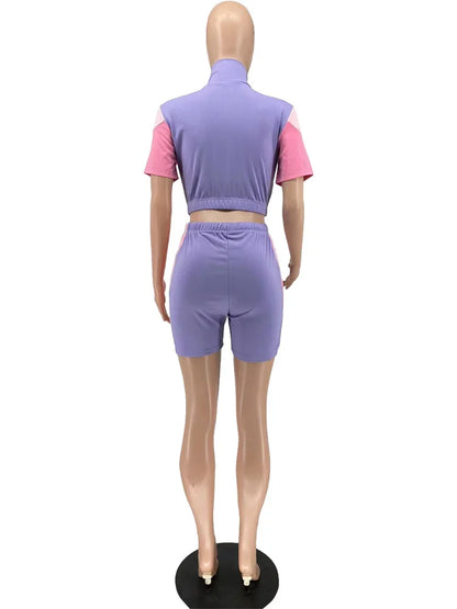 Short Sleeve Crop Top + Patchwork Shorts Sets