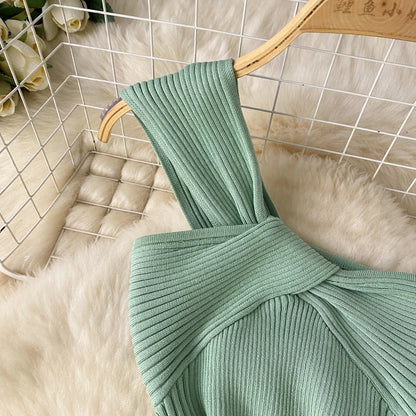 Single Shoulder Ink Knit Dress Backless Tank Striped Slim Bodycon Sundress Women Summer Beachwear Sexy Chic Vestidos