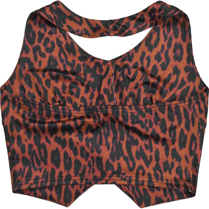 Leopard Backless Button Crop Top and Pants Matching Sets