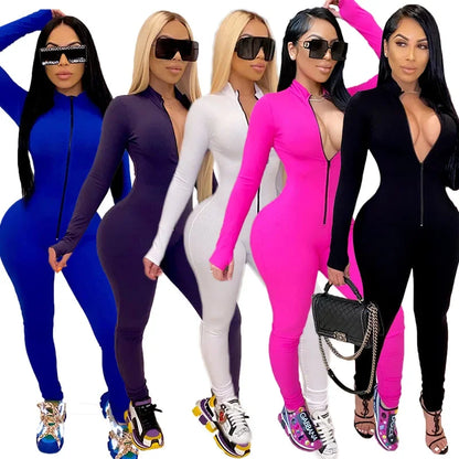 Deep V Bodycon Rompers Womens Jumpsuit Sport Suit Fashion Zip Up Long Pants Overalls Fitness Set
