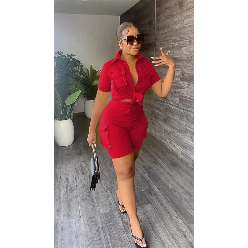 Pockets Short Sleeve Button-Up Shirt Top + Short Matching Sets