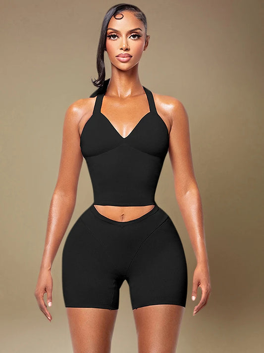 Halter Backless Vest + Stretchy Short Matching Sets