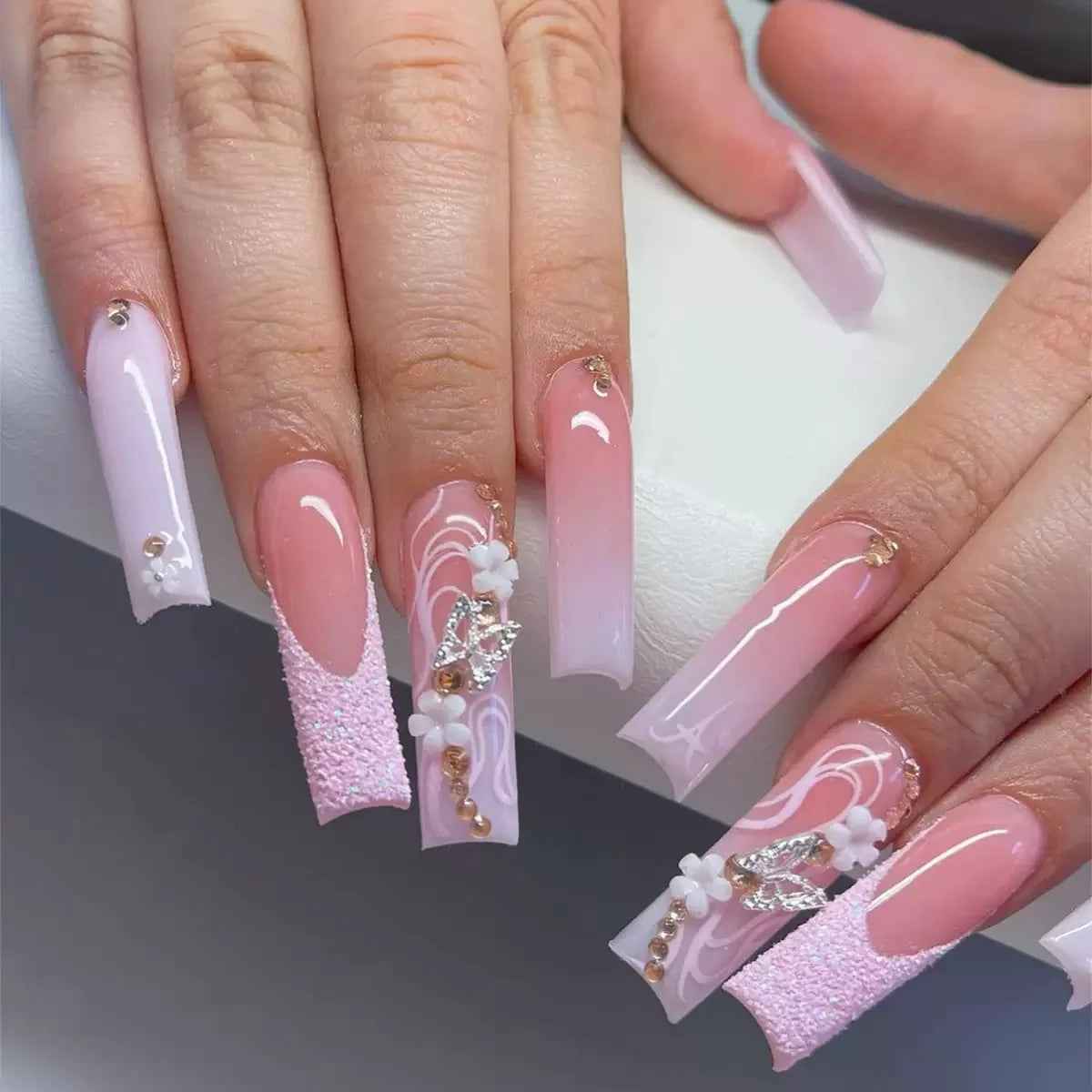 24Pcs Gold French Border False Nails Long Coffin False Nails with Rhinestones Ballerina Full Cover Nail Tips Press on Nails