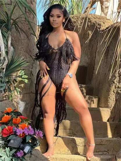 Knitted Tassel See Through Holiday Beach Bodysuits