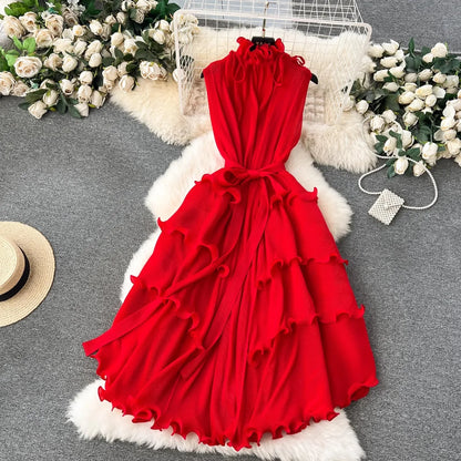 Stand Collar Lace Up Ruffles Boho Dresses