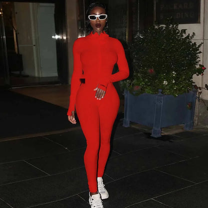 Zipper Jumpsuit Women Embroidery Letter Print Workout Sportswear Female Outfit Skinny Solid Turtleneck Streetwear