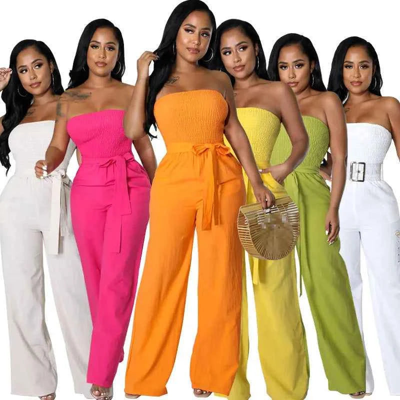 Casual Sleeveless Straight Belted Jumpsuits