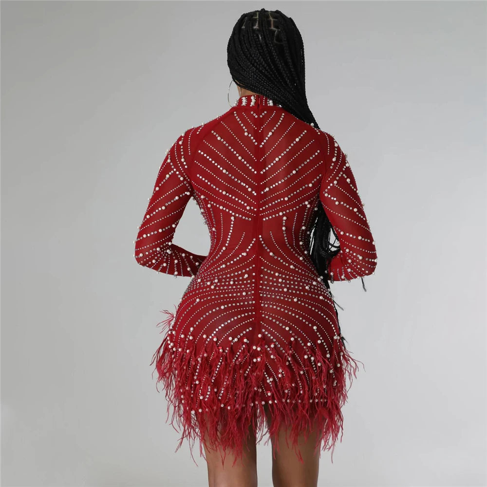 iDress Sexy Pearls Rhinestone Party Dresses Women Elegant Nightclub Feather Birthday Dress Long Sleeve Mesh Sheer Bodycon Dress