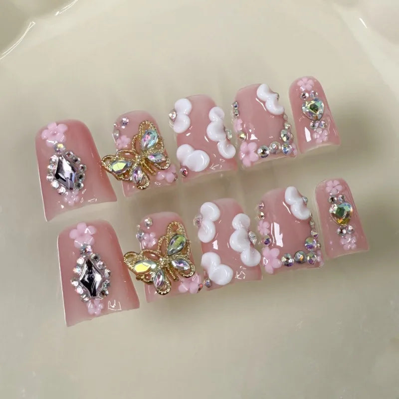 10pcs Handmade False Nail Art Pink French Fake Nail Short Flower Press on Nails Tips Duckbill with Rhinestone Nails Set Wearable