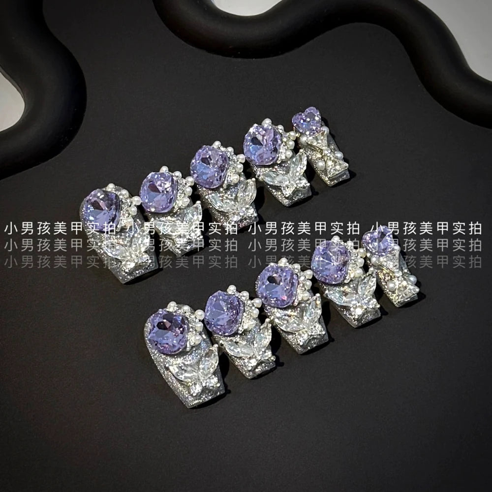 10Pcs Luxury Court Handmade Long Stiletto Full Cover Nails 3D Spice Girl Sparkling Diamond Bow Pearl Flowers Wearable Fake Nails