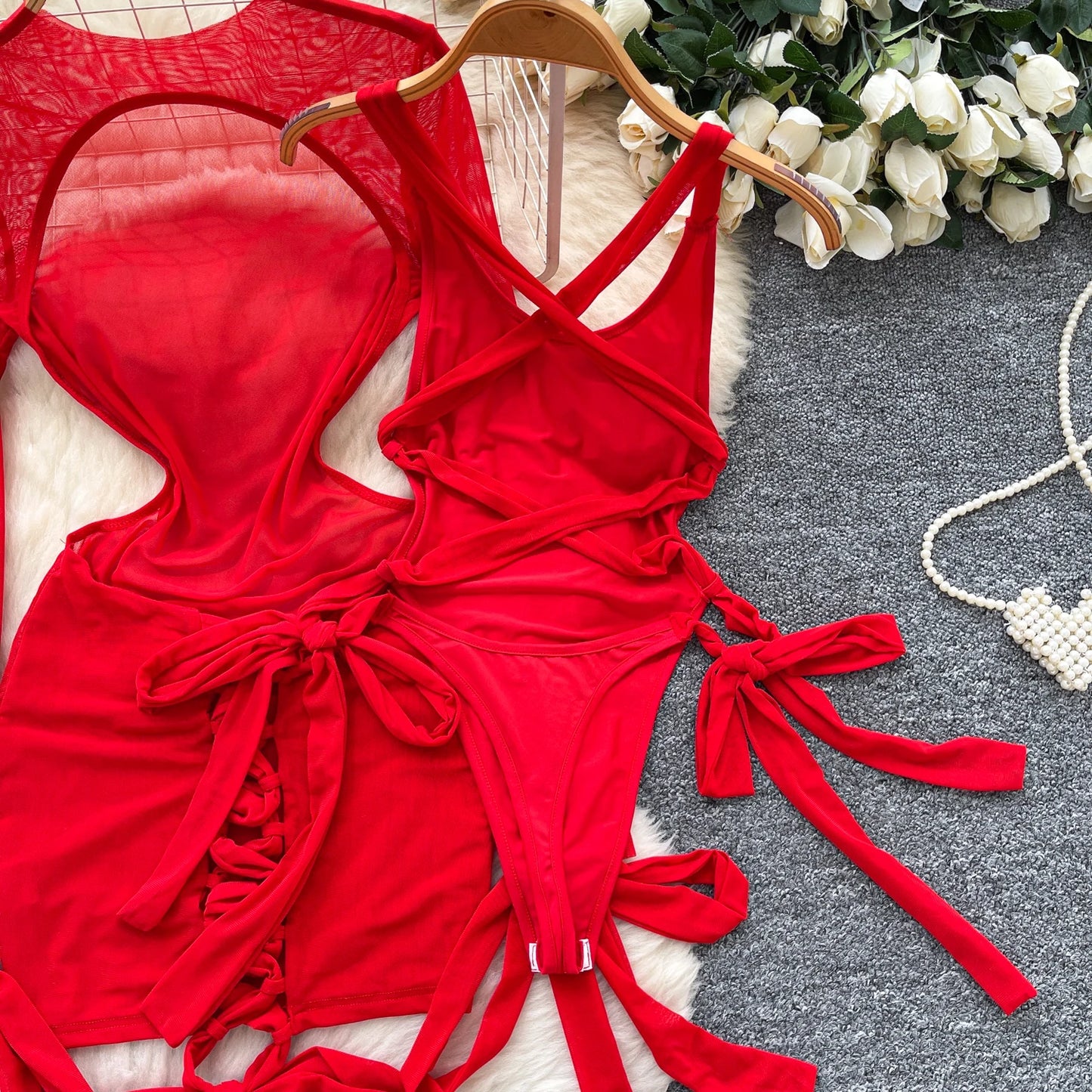 Split Swimwear Long Sleeves Hollow Out Mini Dress + Lace Up Bodysuits Sheer Vacation Bikini Sets