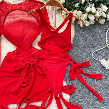 Split Swimwear Long Sleeves Hollow Out Mini Dress + Lace Up Bodysuits Sheer Vacation Bikini Sets
