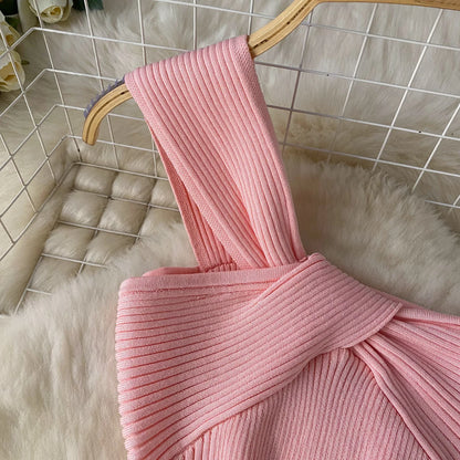 Single Shoulder Ink Knit Dress Backless Tank Striped Slim Bodycon Sundress Women Summer Beachwear Sexy Chic Vestidos