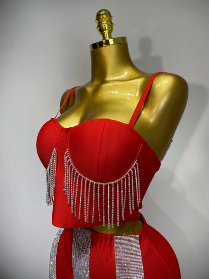 Sling Backless Tassels Bandage Skirt Two Piece Sets