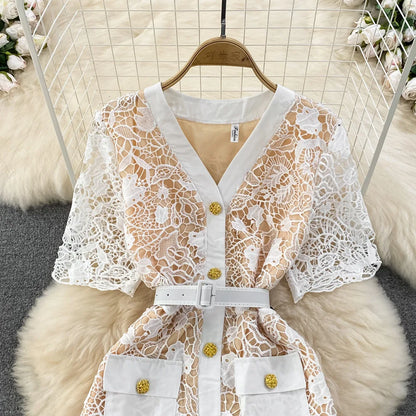 Floral Lace Dress V Neck High Waist Maxi Dresses
