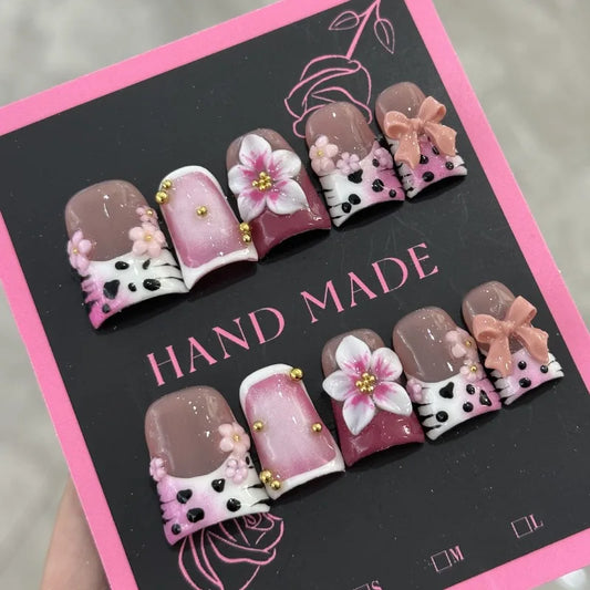 10Pcs Short Duck Handmade Nails 3D Purple Flowers Acrylic Press on Nail Diamond Pearl Leopard Print Design French False NailTips