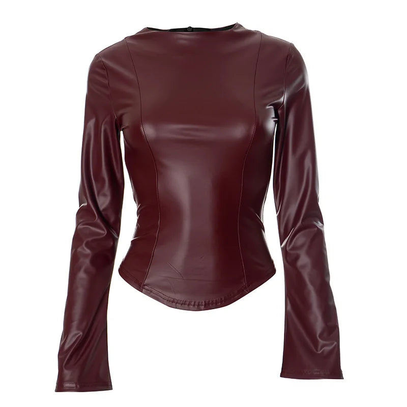 Bella WineRed Leather Shirt Corset Top